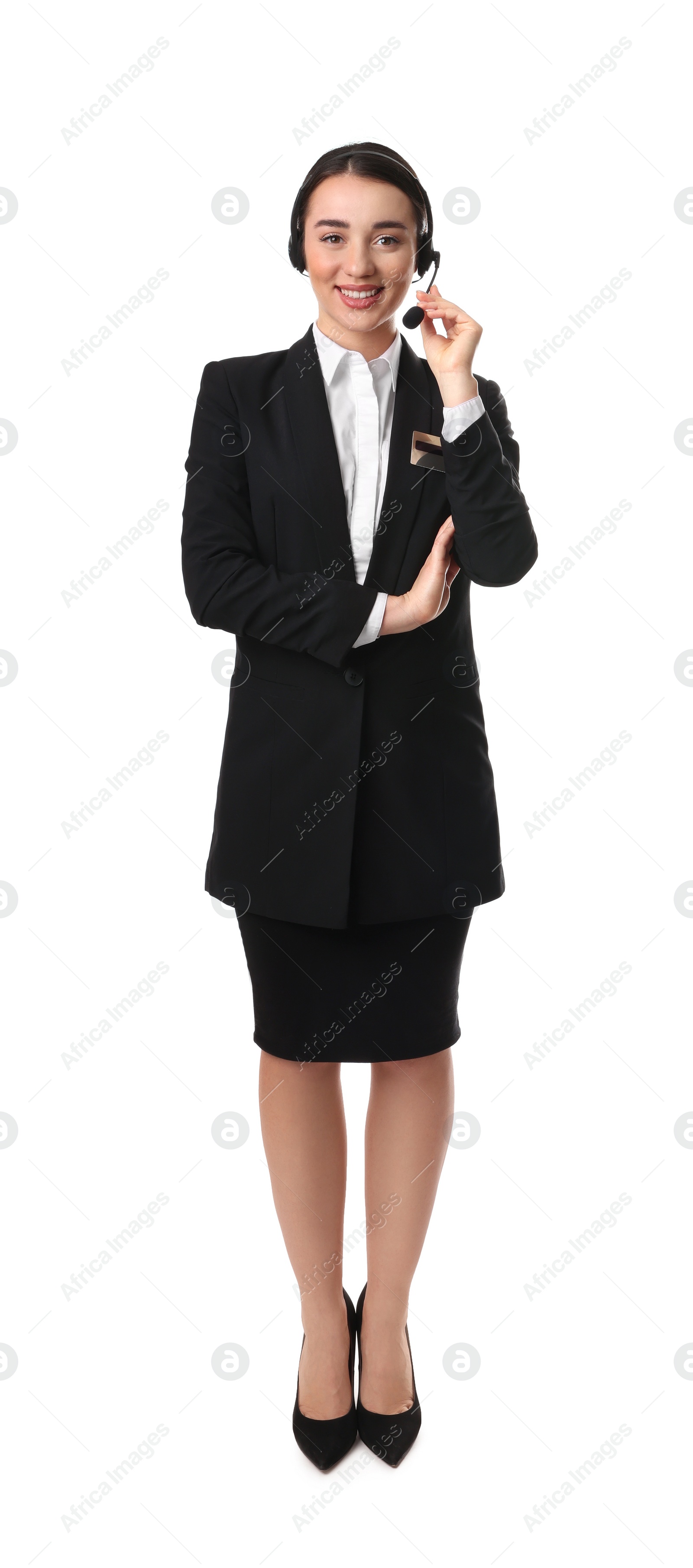 Photo of Full length portrait of receptionist with headset on white background