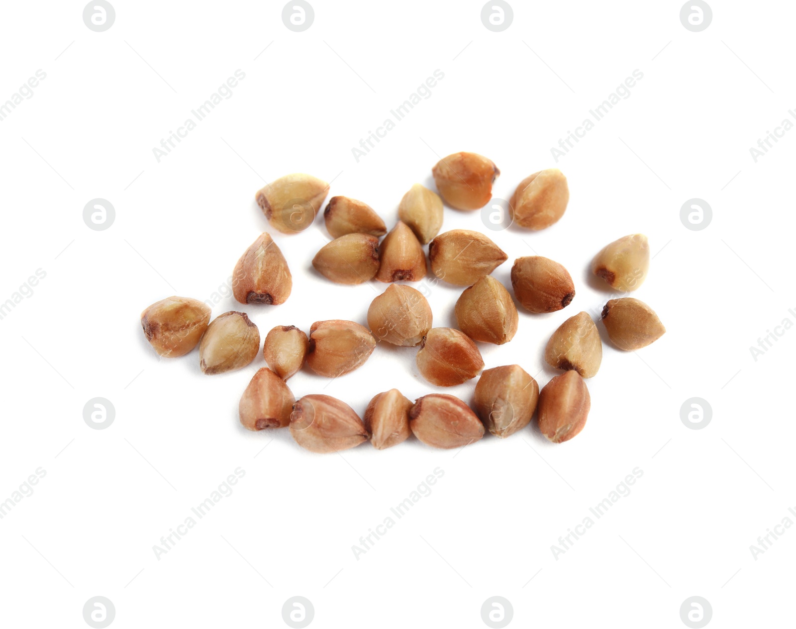 Photo of Uncooked buckwheat on white background. Healthy diet