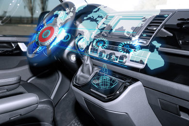 Image of Futuristic technology. Car interior with graphical user interface