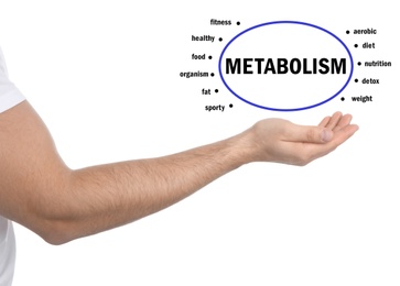 Image of Metabolism concept. Man presenting scheme on white background, closeup