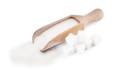 Different types of sugar and scoop isolated on white