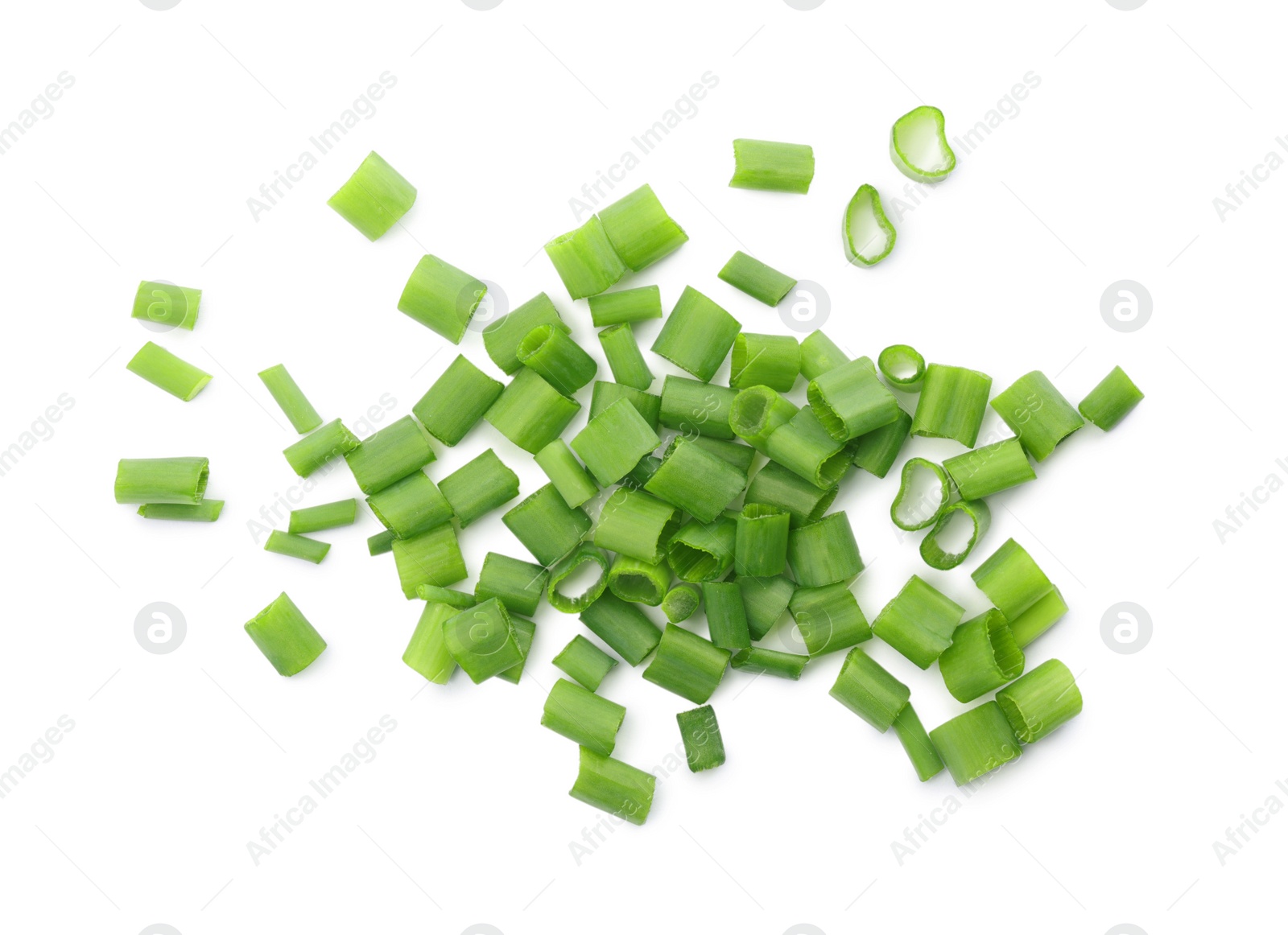 Photo of Chopped fresh green onions on white background, top view