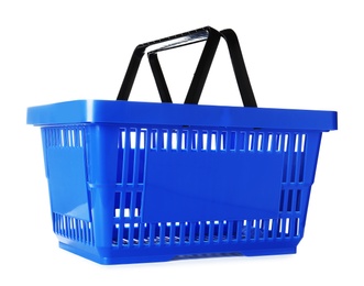 Photo of Color plastic shopping basket on white background