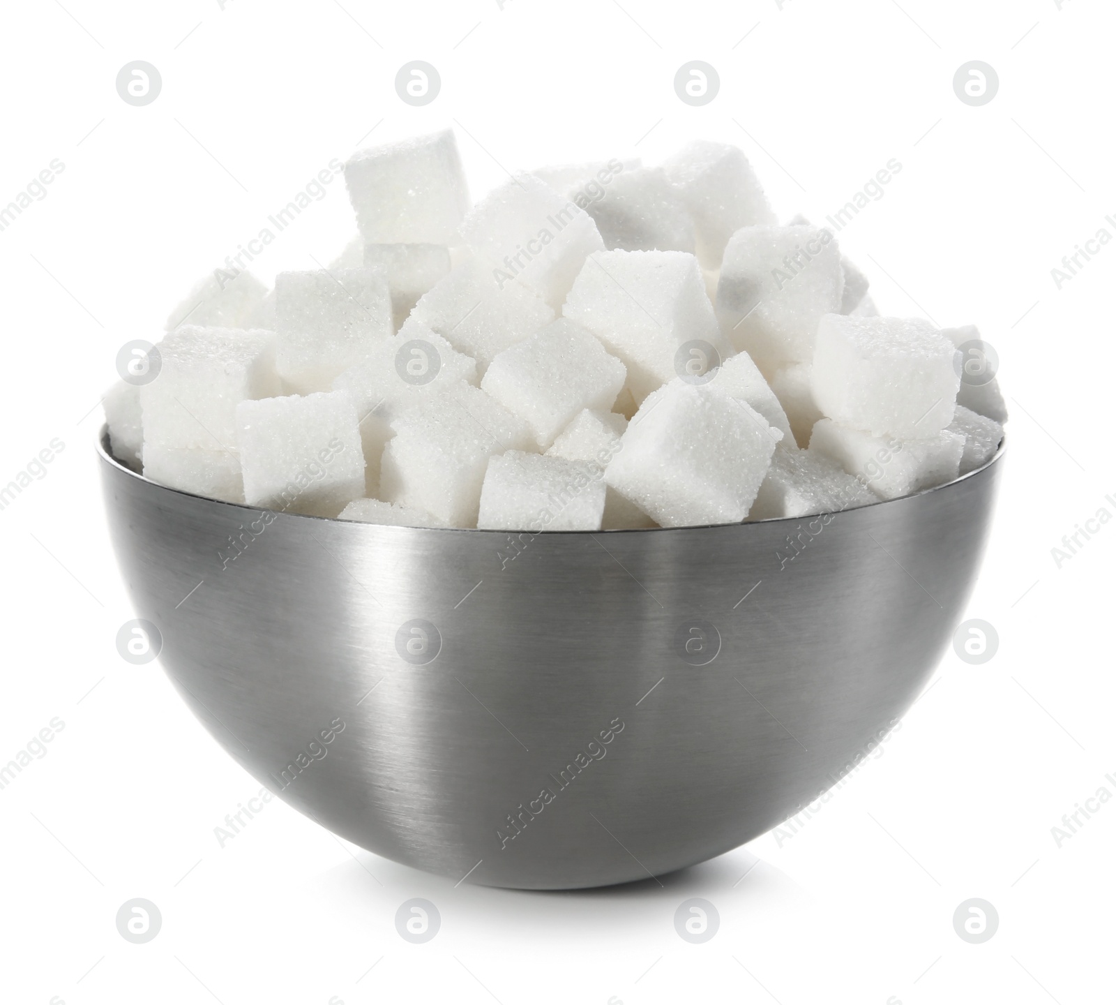 Photo of Refined sugar cubes in bowl on white background