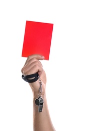 Photo of Football referee with whistle holding red card on white background, closeup
