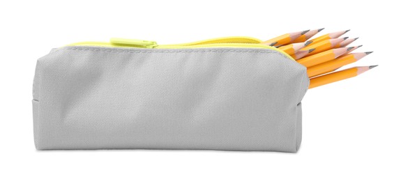 Photo of Many sharp pencils in pencil case on white background