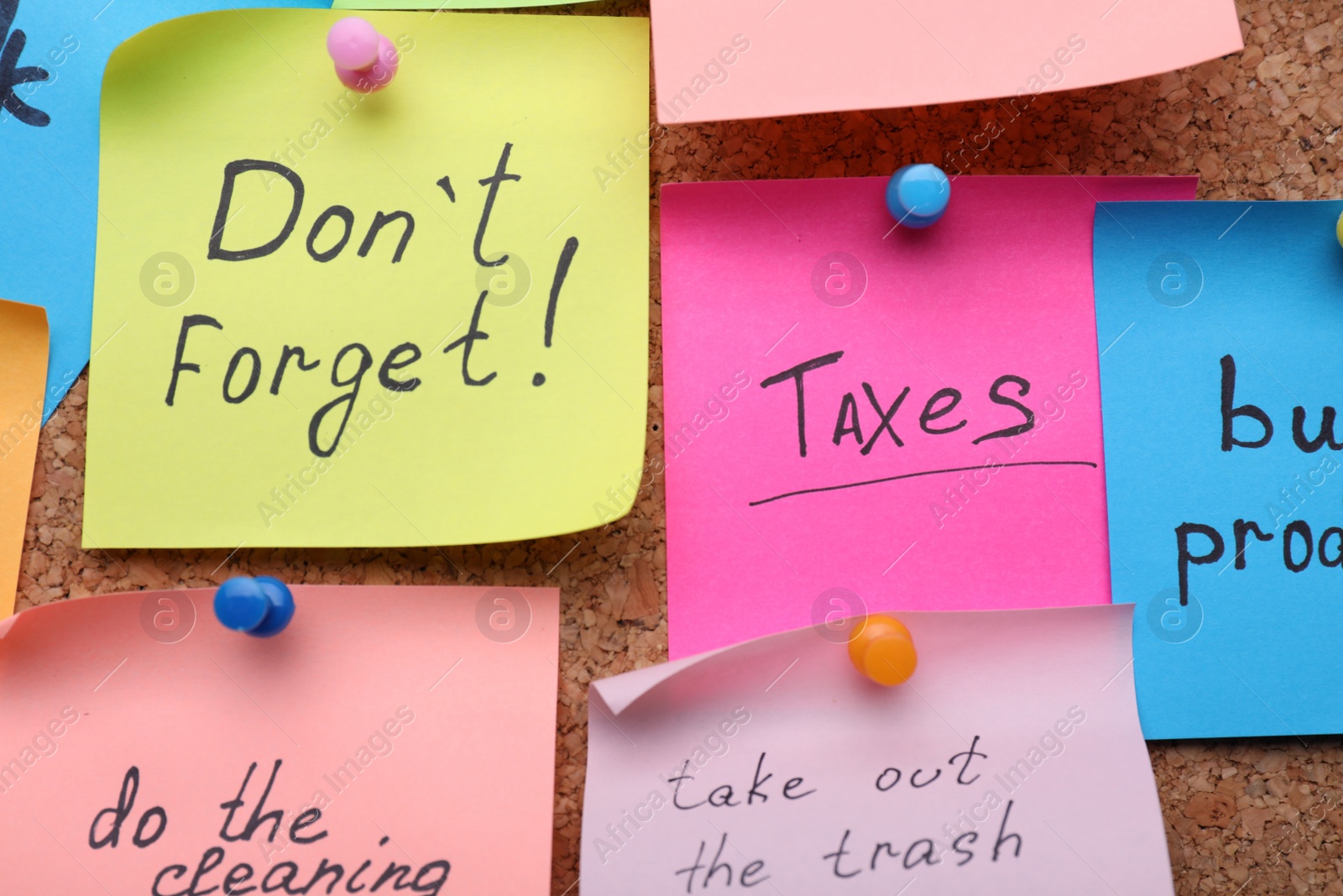 Photo of Different paper notes on cork board, closeup