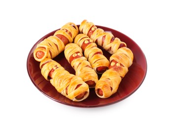 Photo of Cute sausage mummies isolated on white. Halloween party food