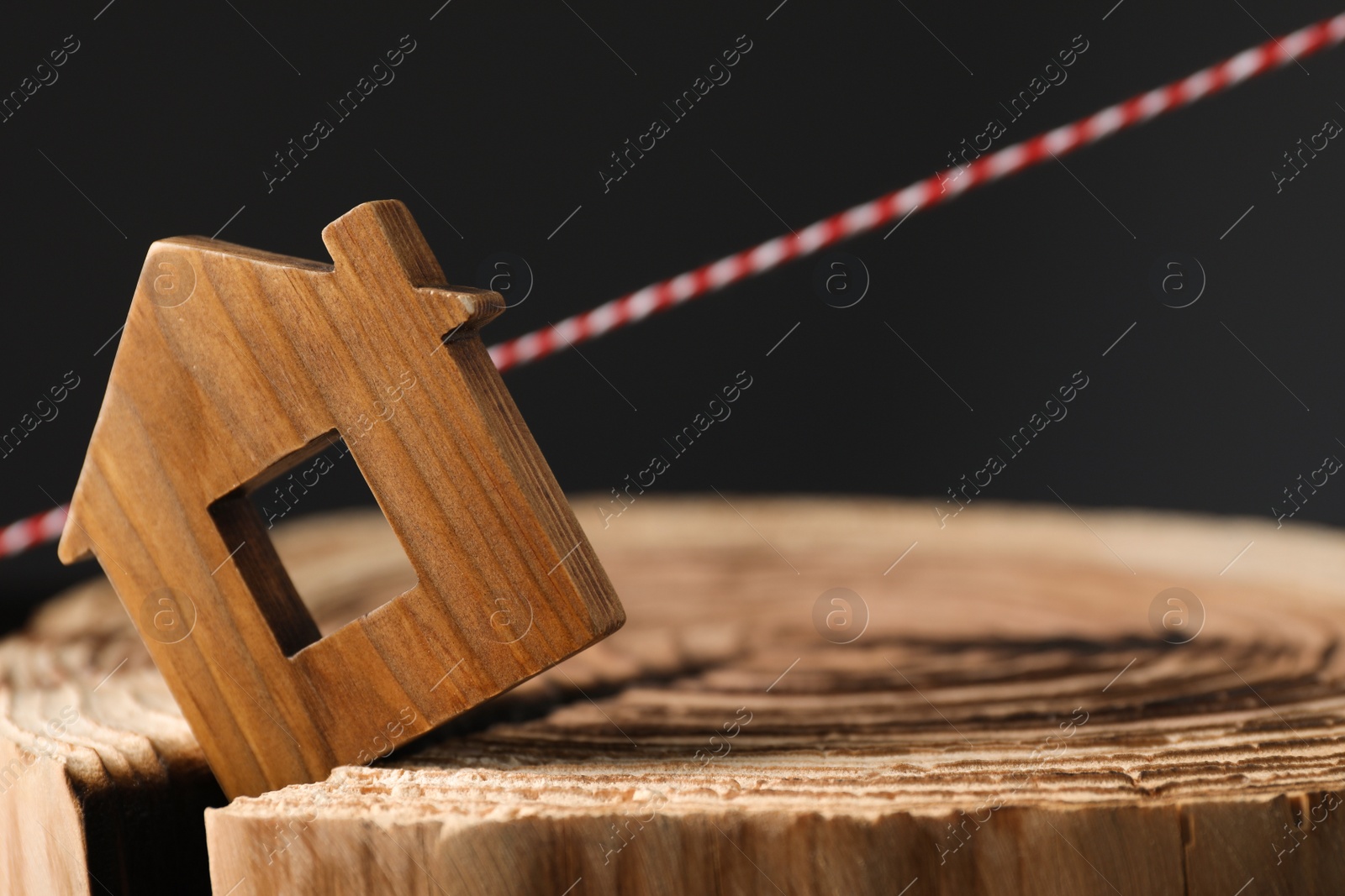 Photo of House model in cracked wooden stump depicting earthquake disaster. Space for text