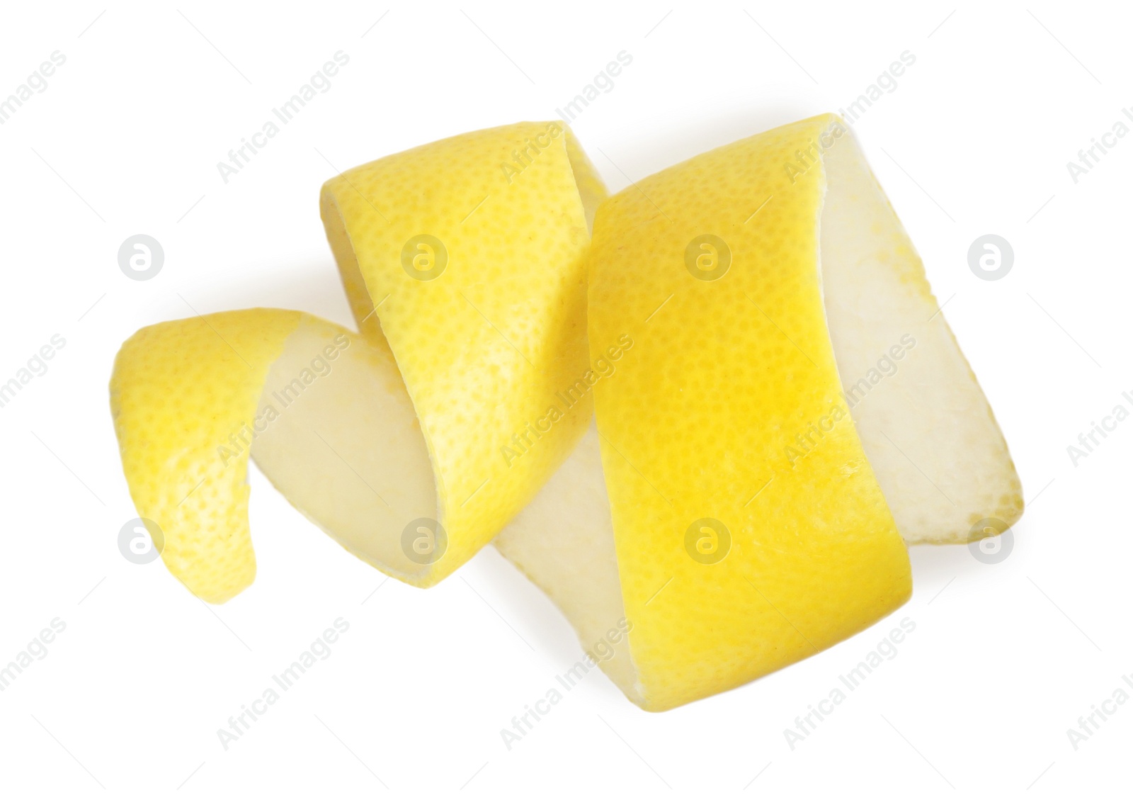 Photo of Fresh lemon peel on white background, top view. Citrus zest