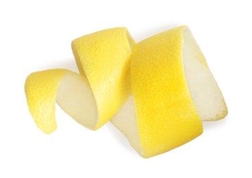 Photo of Fresh lemon peel on white background, top view. Citrus zest