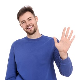 Photo of Man giving high five on white background