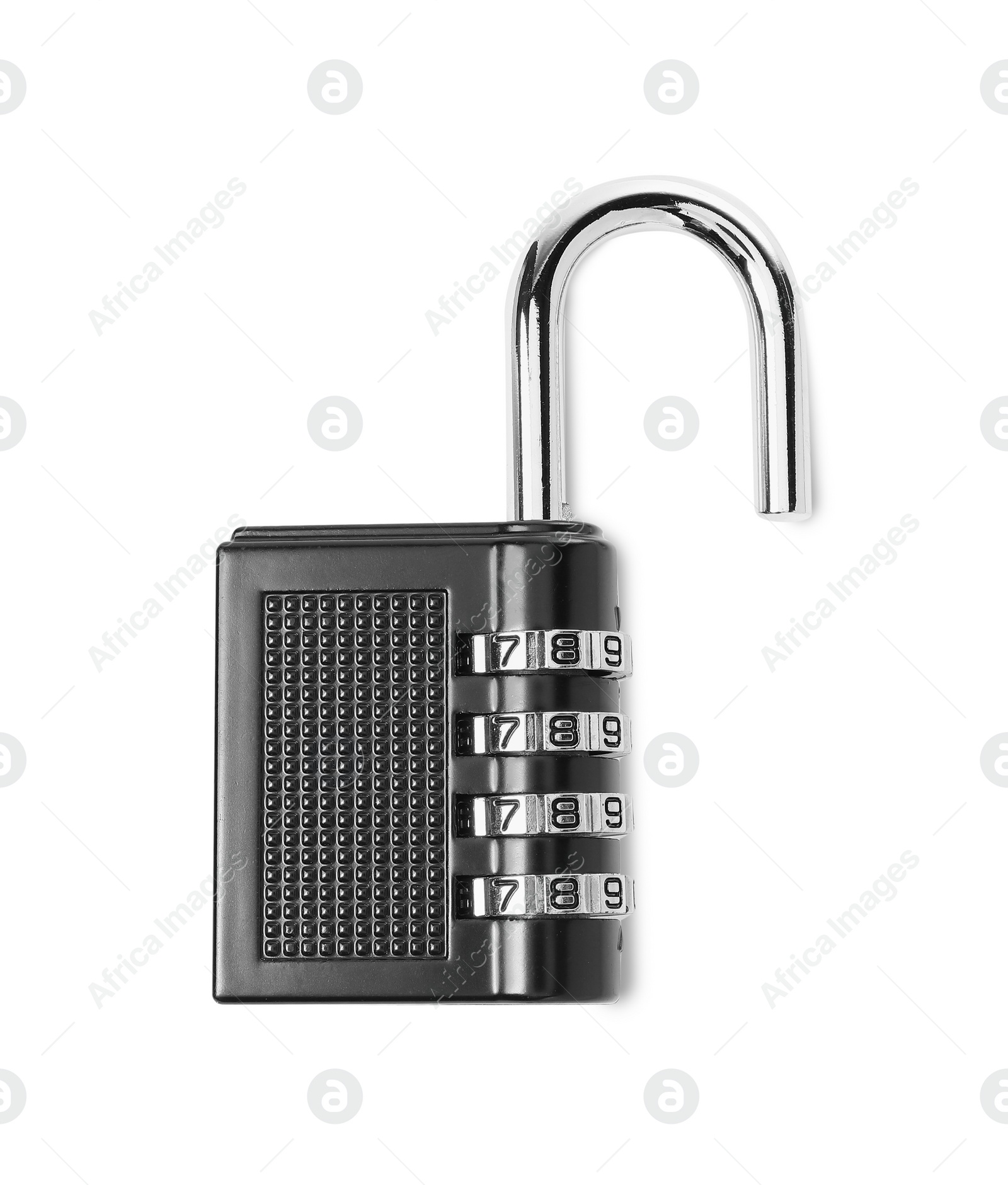 Photo of Unlocked steel combination padlock isolated on white, top view