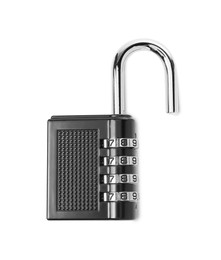Photo of Unlocked steel combination padlock isolated on white, top view