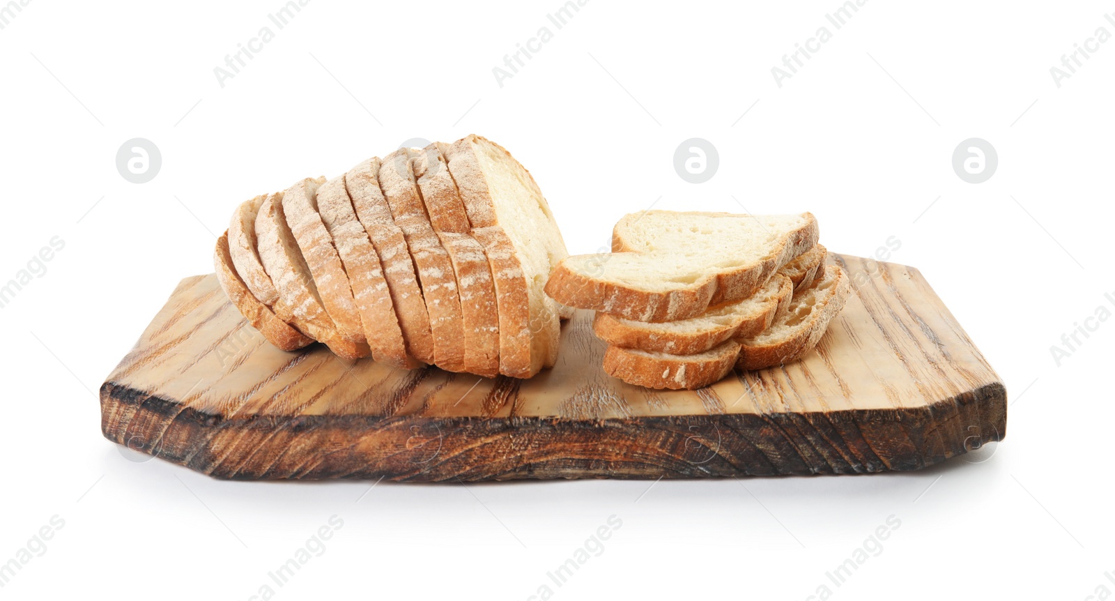 Photo of Wooden board with tasty bread on white background