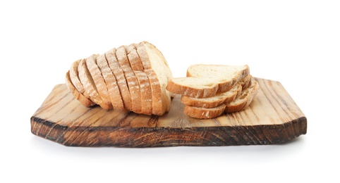 Photo of Wooden board with tasty bread on white background