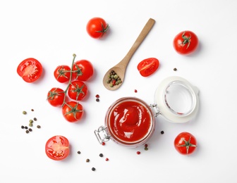 Composition with tasty homemade tomato sauce on white background, top view