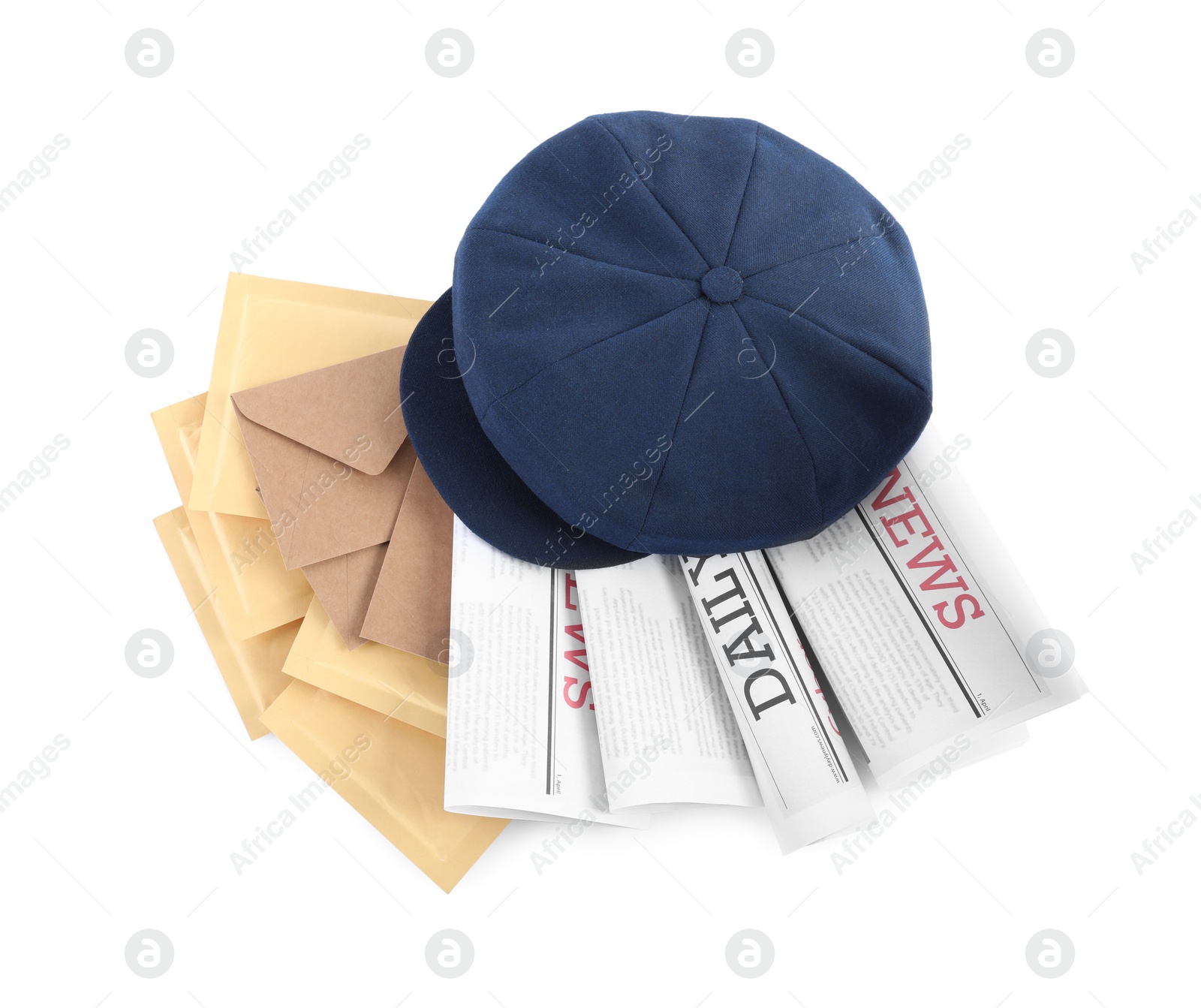 Photo of Blue postman's hat, envelopes and newspapers on white background, top view