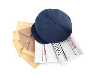 Photo of Blue postman's hat, envelopes and newspapers on white background, top view