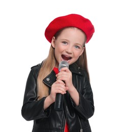 Cute little girl with microphone singing on white background