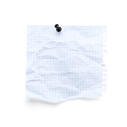 Piece of crumpled checkered notebook sheet with pin isolated on white