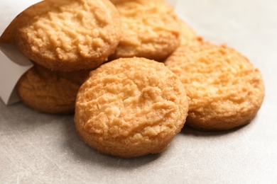 Photo of Tasty Danish butter cookies on table, closeup