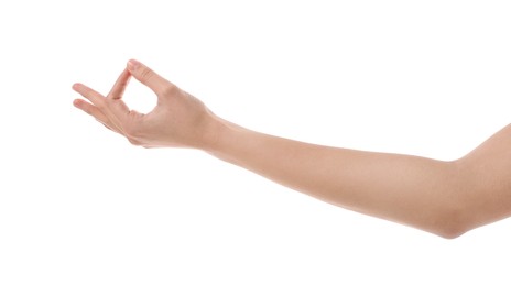 Photo of Woman meditating on white background, closeup of hand