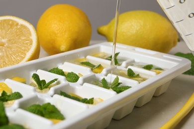Photo of Pouring water into ice cube tray with mint and lemon on table