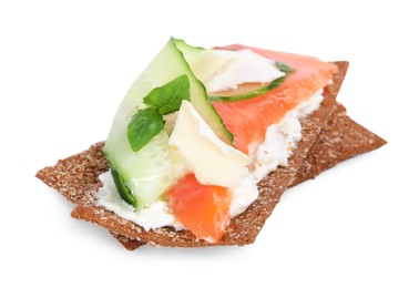 Photo of Tasty rye crispbreads with salmon, cream cheese and cucumber isolated on white