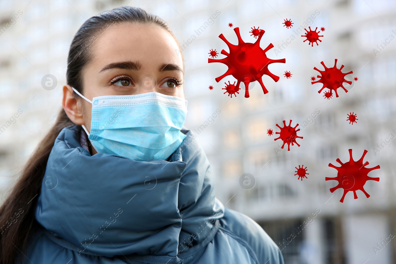 Image of Woman wearing medical mask outdoors. Dangerous virus