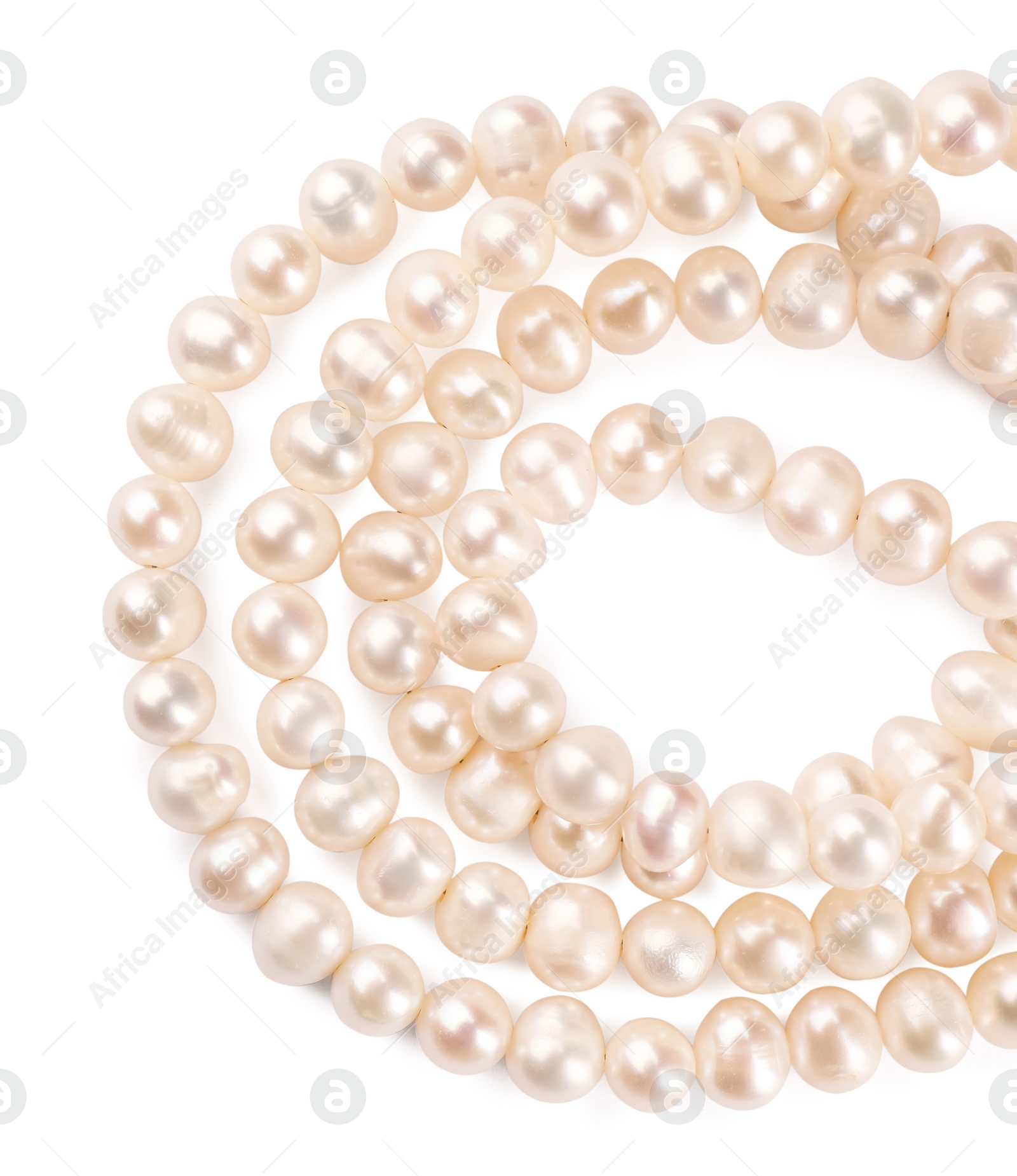 Photo of Elegant pearl necklace isolated on white, top view