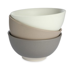 Stylish empty ceramic bowls on white background. Cooking utensil