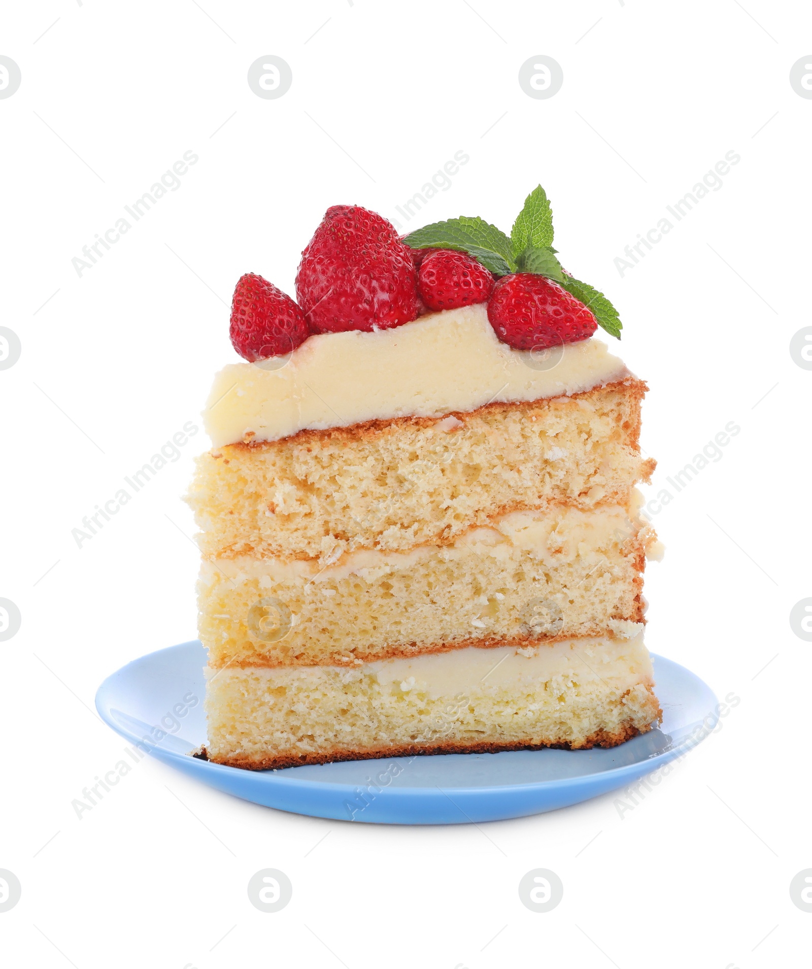 Photo of Piece of tasty cake with fresh strawberries and mint isolated on white