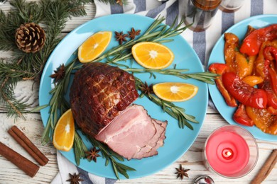 Photo of Flat lay composition with delicious ham on white wooden table