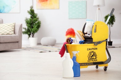 Set of cleaning supplies on floor indoors