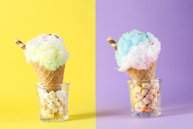 Photo of Sweet cotton candies in waffle cones and marshmallows on color background, closeup