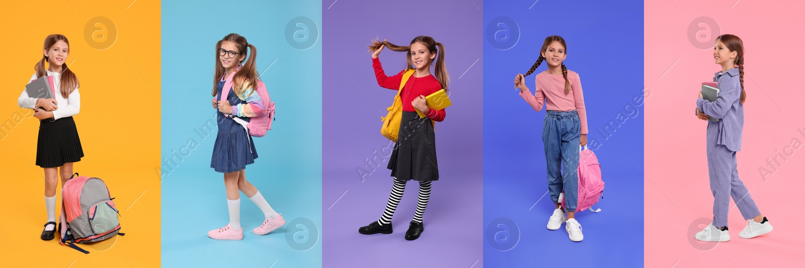 Image of Schoolgirl on color backgrounds, set of photos