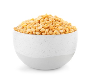 Bowl with dried peas on white background