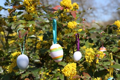 Photo of Beautifully painted Easter eggs hanging on tree outdoors, closeup
