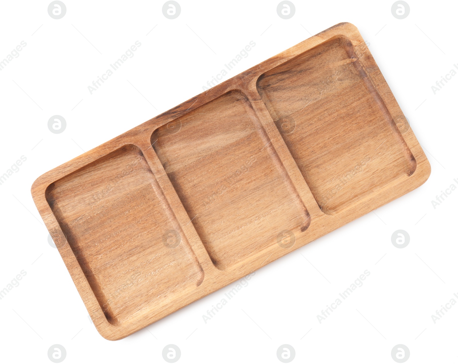 Photo of One wooden serving board on white background, top view