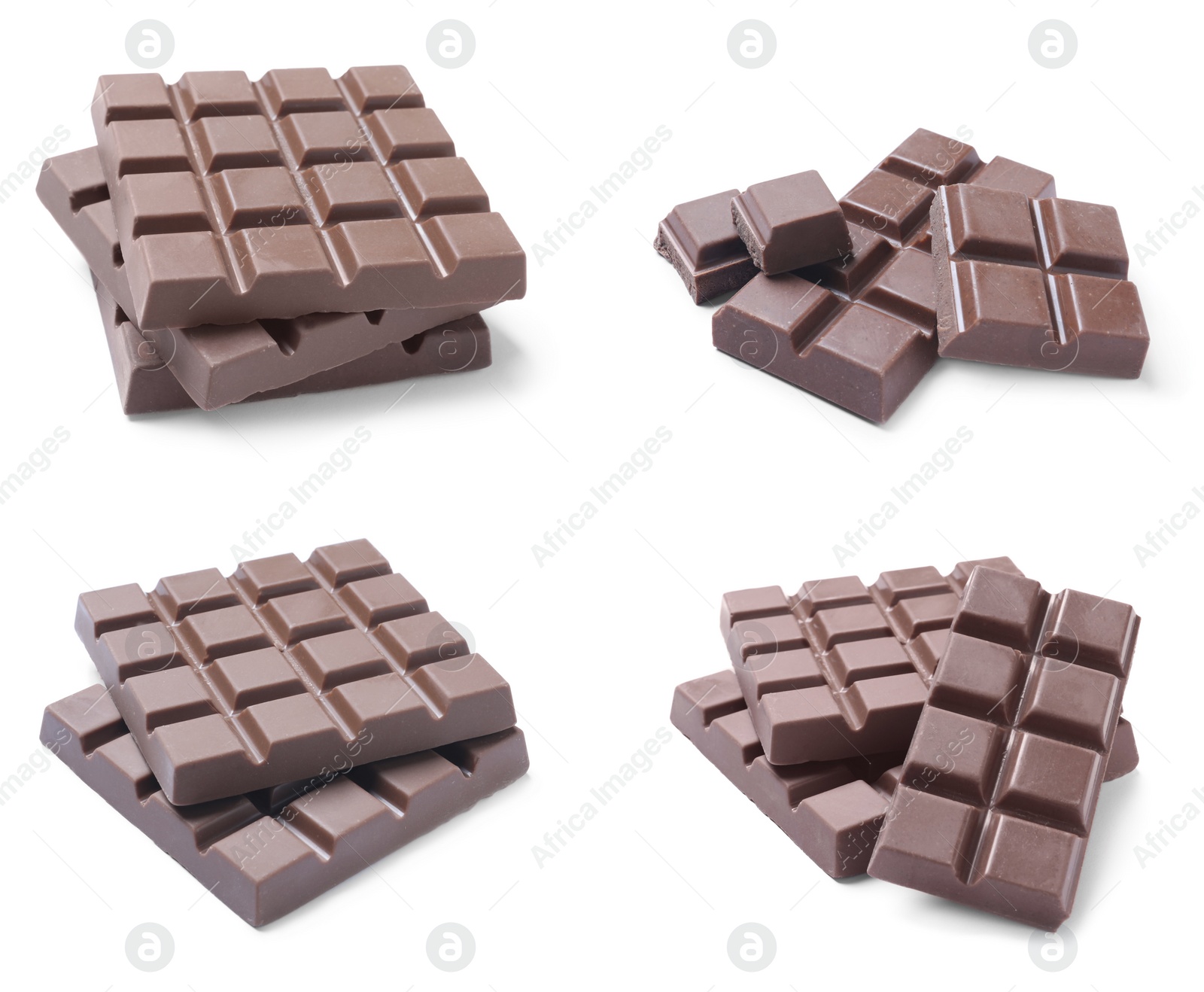 Image of Set with delicious chocolate bars on white background