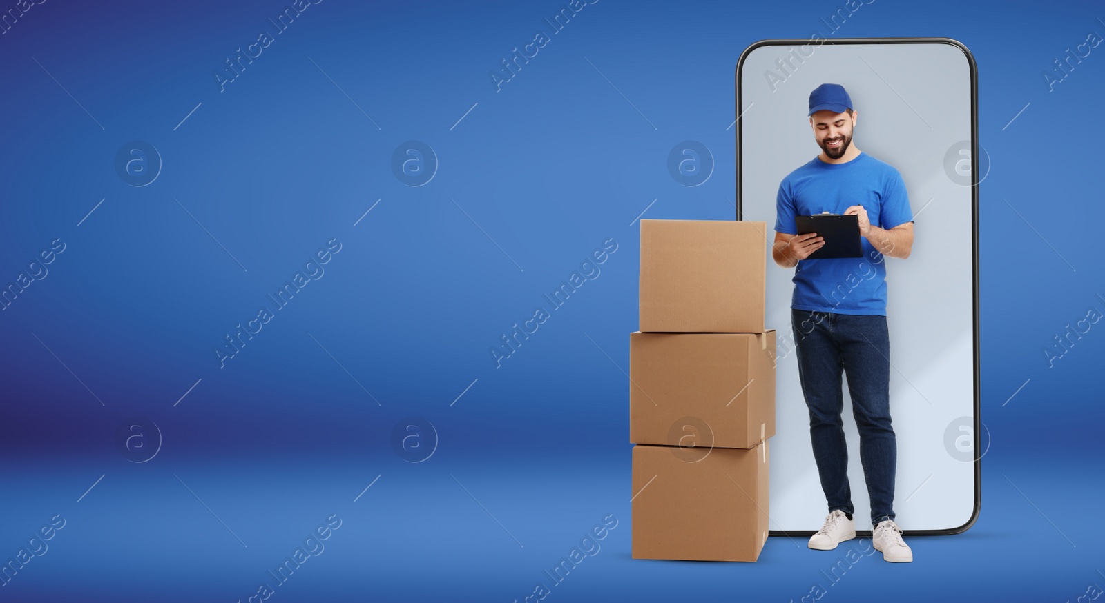 Image of Courier with stack of parcels and clipboard near huge smartphone on blue background. Delivery service. Banner design with space for text