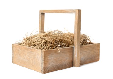 Photo of Dried hay in wooden basket on white background