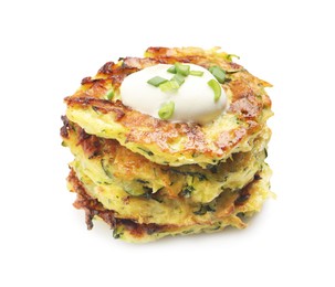 Photo of Delicious zucchini fritters with sour cream on white background