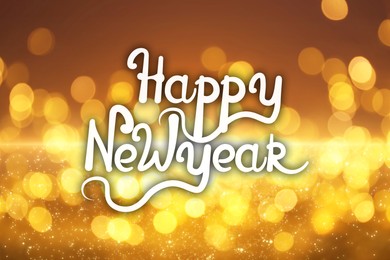 Text Happy New Year on festive background with blurred lights, bokeh effect