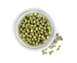 Photo of Glass jar with green mung beans isolated on white, top view. Organic grains