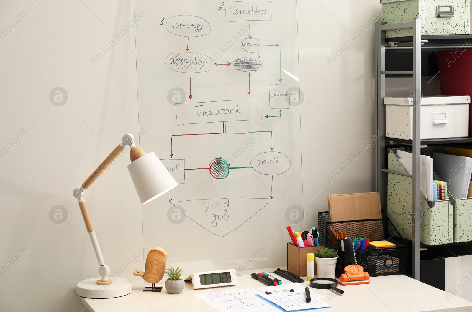 Photo of Business process planning and optimization. Workplace with lamp, notebook and other stationery on white wooden table