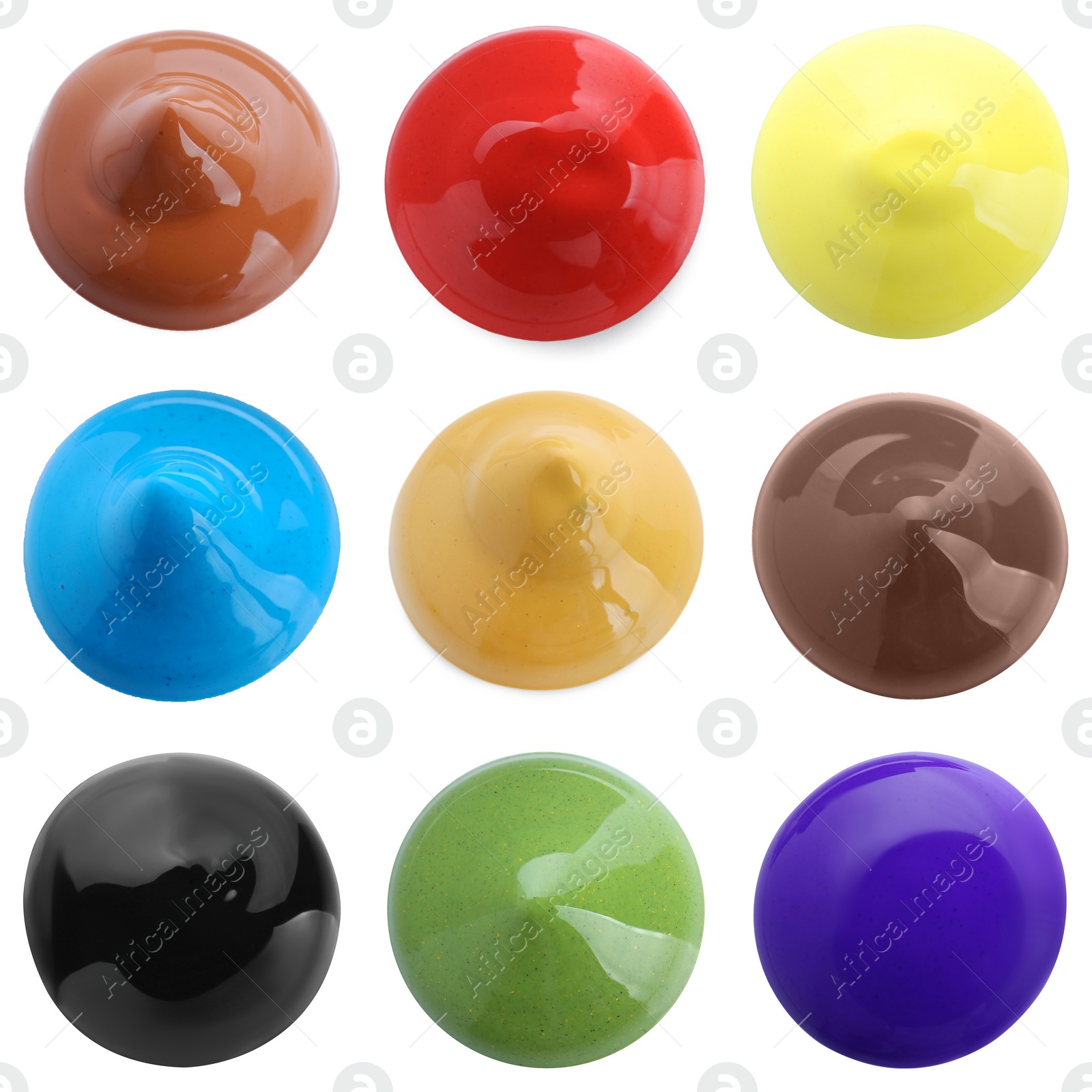 Image of Set with paint blobs of different colors isolated on white, top view