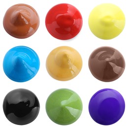 Image of Set with paint blobs of different colors isolated on white, top view