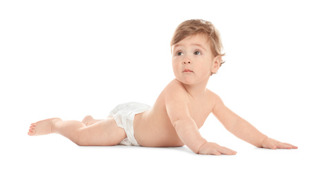 Photo of Cute little baby in diaper on white background